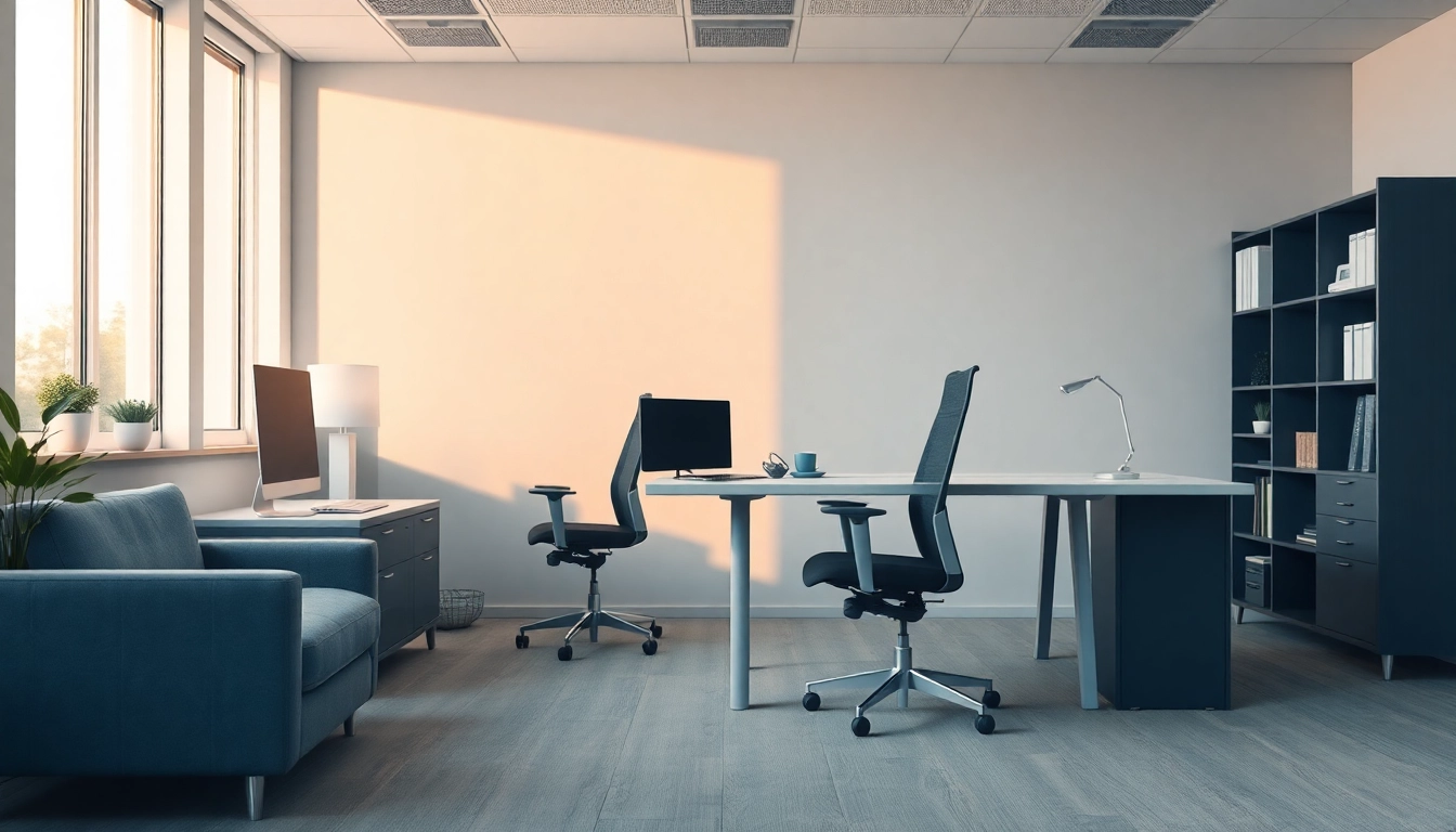 Modernes Büro mit eleganten Büromöbeln, ergonomischem Schreibtisch und Stuhl in einladender Atmosphäre.