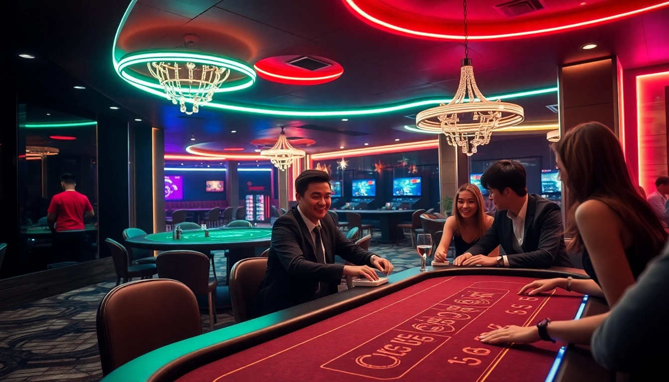 Erleben Sie einen aufregenden Casino Bonus mit lebendigen Lichtern und glücklichen Spielern an Spieltischen.