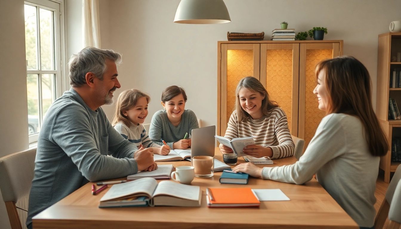 Familie beim Heimunterricht am Esstisch, umgeben von Lernmaterialien.