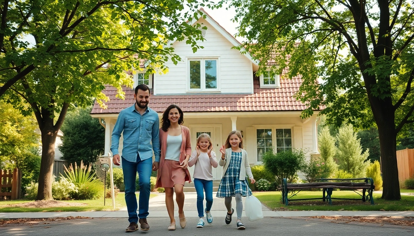 Familie feiert ihren Hauskauf vor ihrem neuen Zuhause in Deutschland mit Freude und Optimismus.