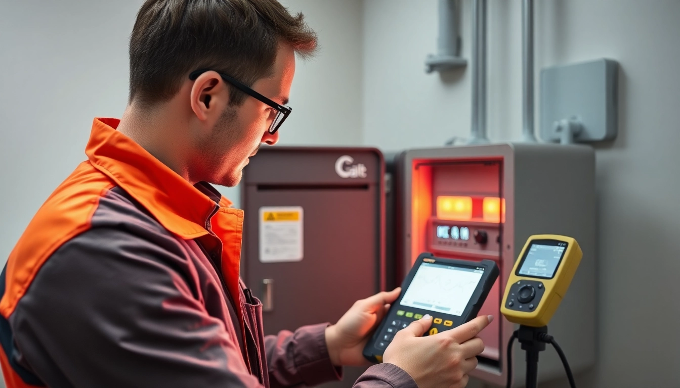 DGUV V3 Prüfung: Technischer Prüfer evaluiert elektrisches Gerät mit professionellem Prüfgerät.