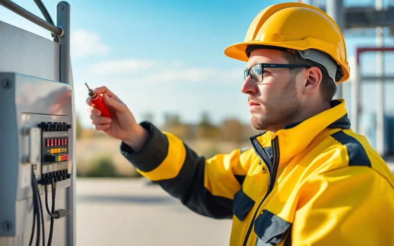 Fachmann, der die Prüfung ortsveränderlicher elektrischer Betriebsmittel in einem Büro durchführt.