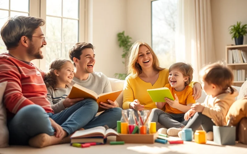 Kindererziehung lebendig erleben: Eine fröhliche Familie spielt im sonnigen Wohnzimmer.