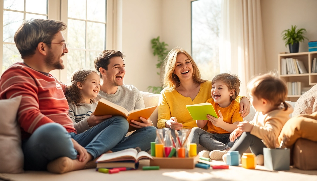 Kindererziehung lebendig erleben: Eine fröhliche Familie spielt im sonnigen Wohnzimmer.