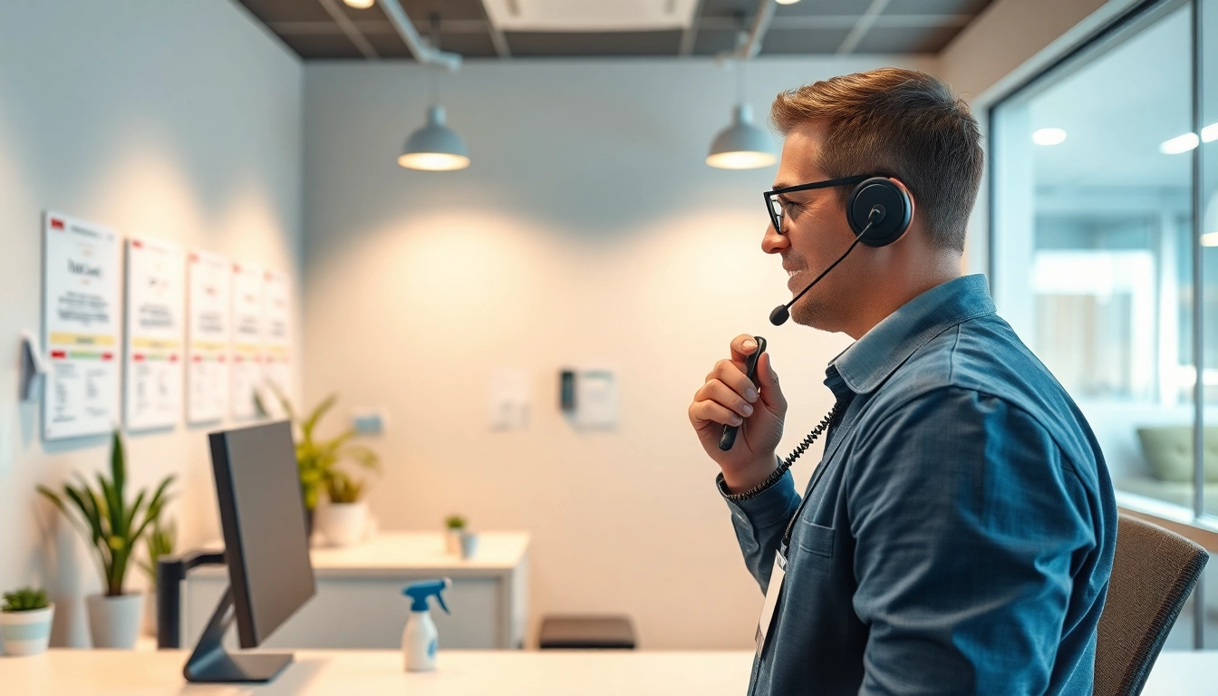 Professioneller Klempner am Telefon, bietet Sanitär Notdienst in einem modernen Büro an