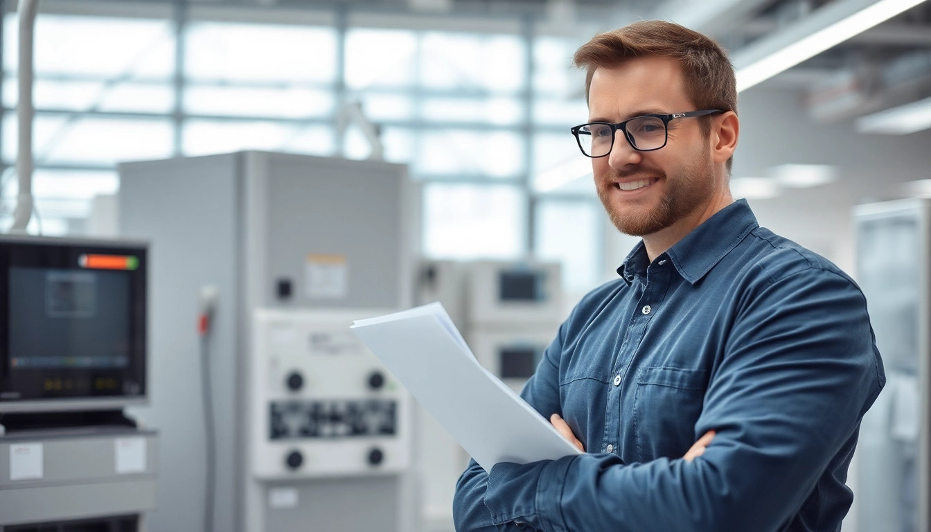 Techniker überprüft Sicherheitsprotokolle für elektrische Geräte mit einem Check-Protokoll.