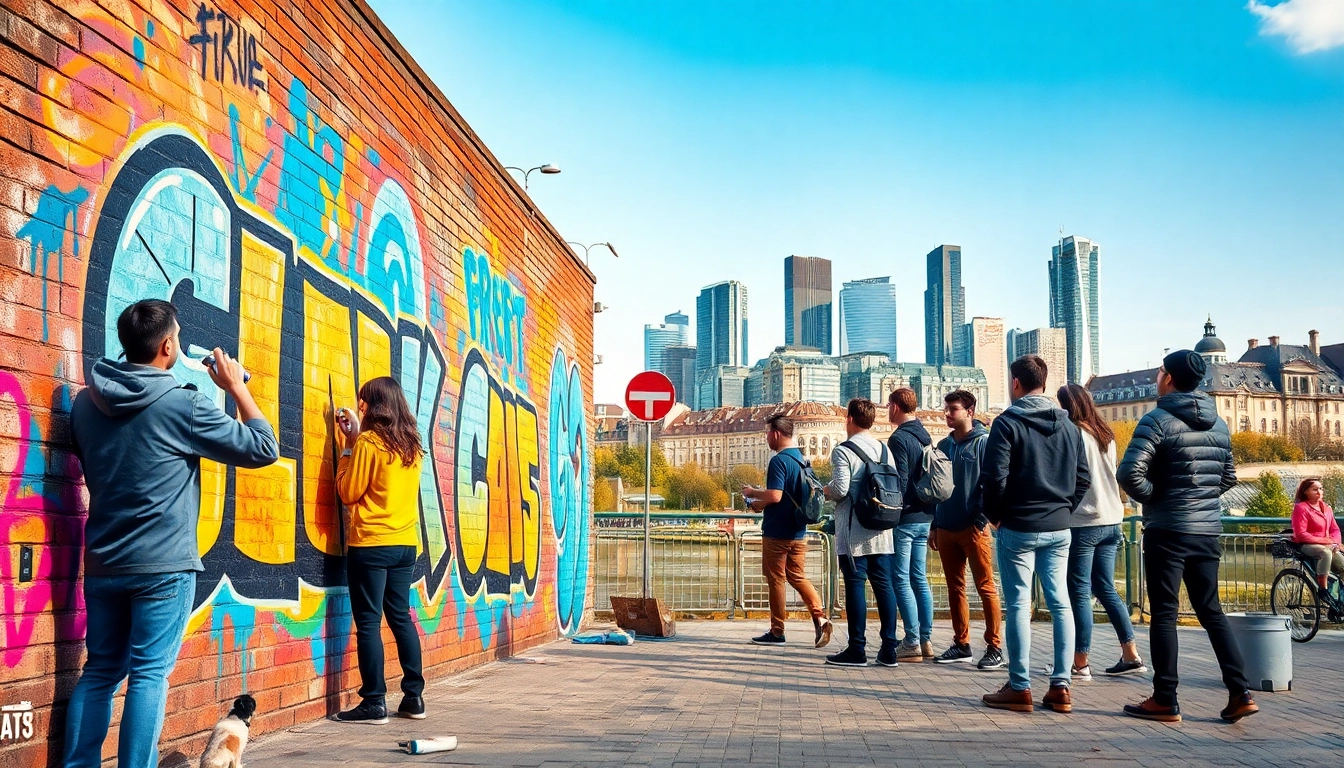 Discover vibrant street art in Graffiti Frankfurt, showcasing a group of artists creating a colorful mural.