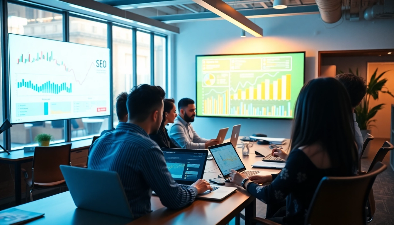 Showcase a diverse team collaborating on edmonton seo strategies in a modern office.