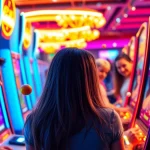 Erleben Sie die Spannung des Plinko Casinos mit Spielern, die an einem bunten Spielautomaten um Echtgeld spielen.