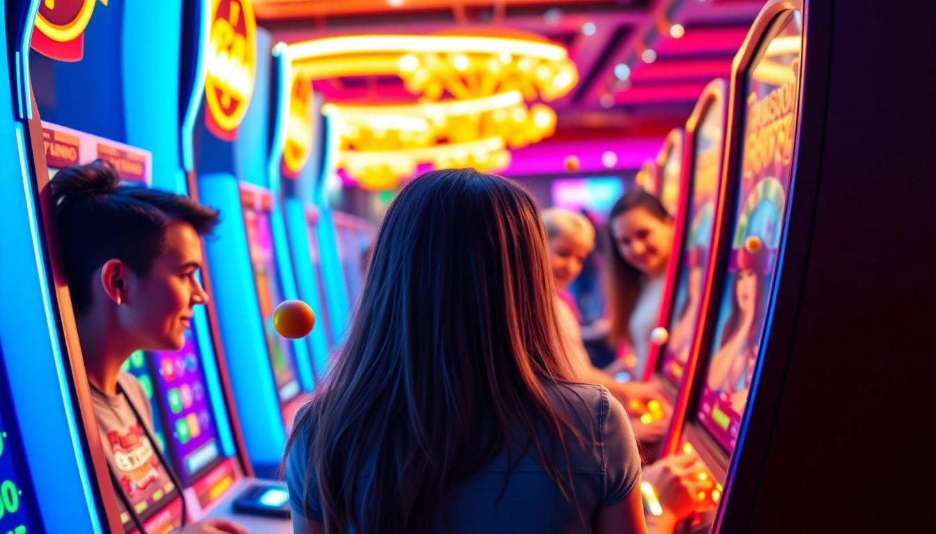 Erleben Sie die Spannung des Plinko Casinos mit Spielern, die an einem bunten Spielautomaten um Echtgeld spielen.