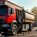 Schrottabholung Oberhausen mit einem LKW, der Metallabfälle an einem modernen Schrottplatz ablädt.