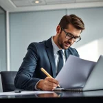 Headhunter Kassel analysiert Lebenslauf in modernem Büro.