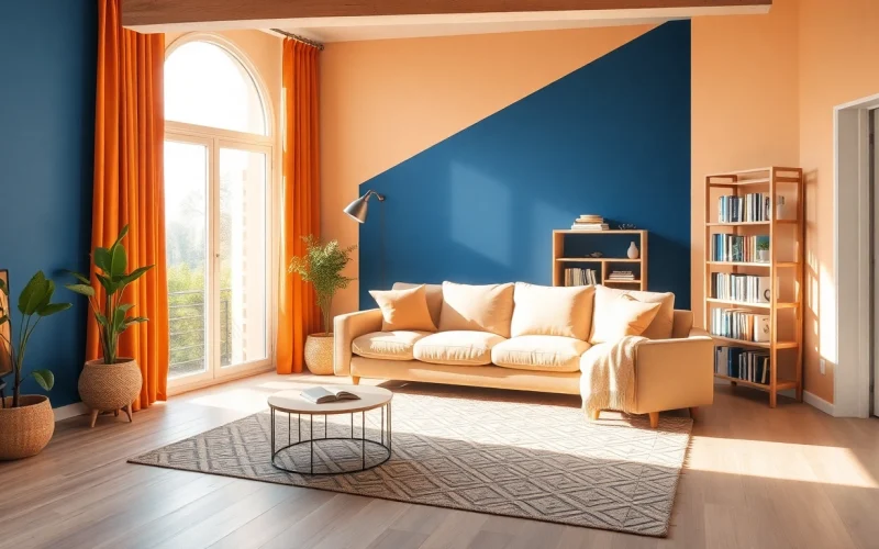 Stimmungsvolle Darstellung einer Raumgestaltung mit einem modernen Wohnzimmer und warmem Licht.