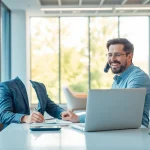 Headhunter Chemnitz berät professionell einen Kunden am Laptop in einem modernen Büro.