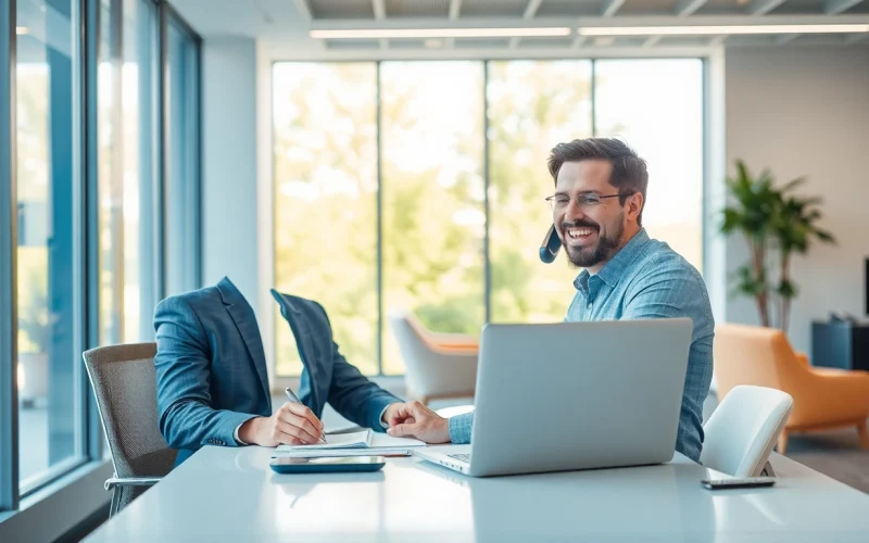 Headhunter Chemnitz berät professionell einen Kunden am Laptop in einem modernen Büro.