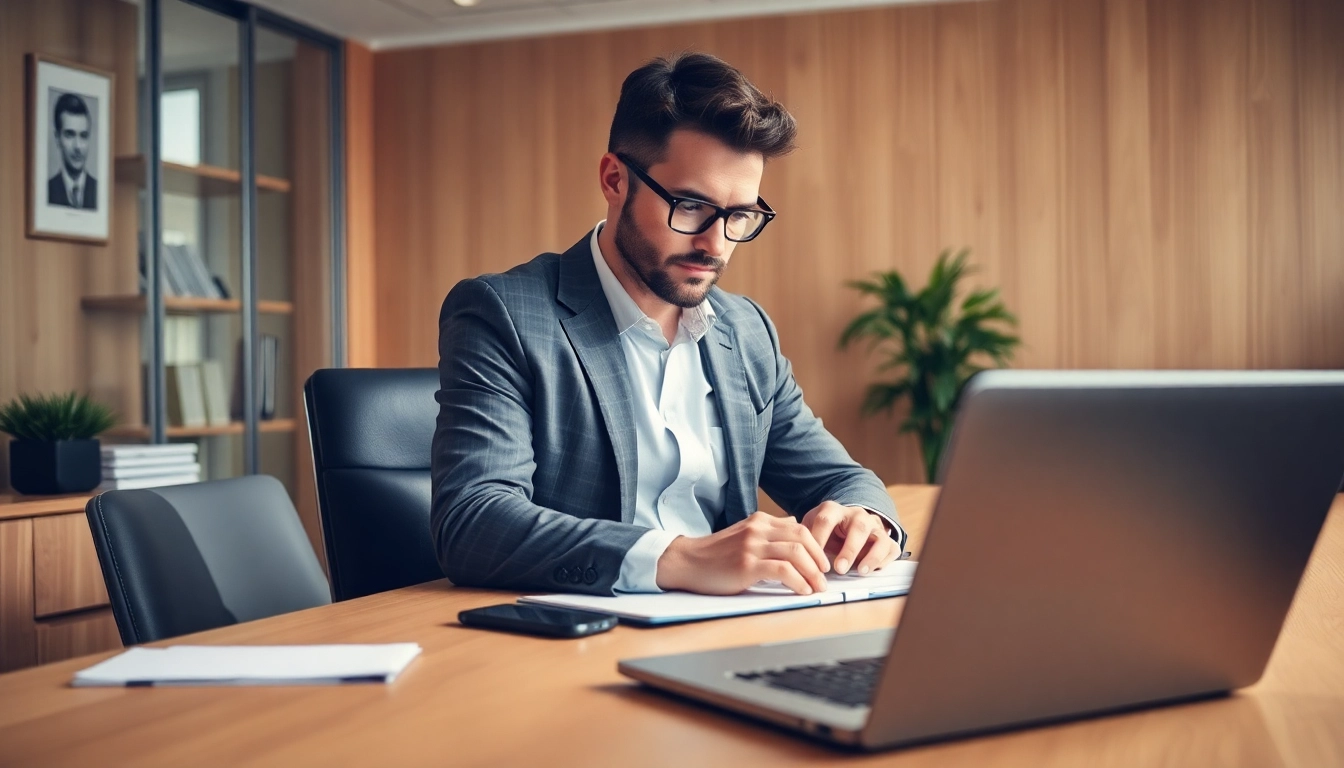 Headhunter Saarbrücken bei der Arbeit an einem modernen Schreibtisch in einem eleganten Büro.