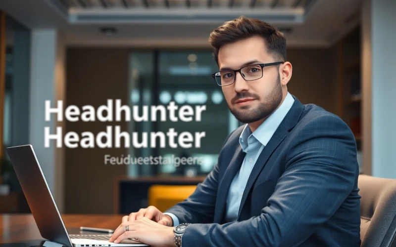 Professioneller Headhunter Führungskräfte in modernem Büro mit Laptop und Notizen.
