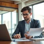 Headhunter, der im modernen Büro talentierte Fachkräfte sucht und Bewerbungen überprüft.