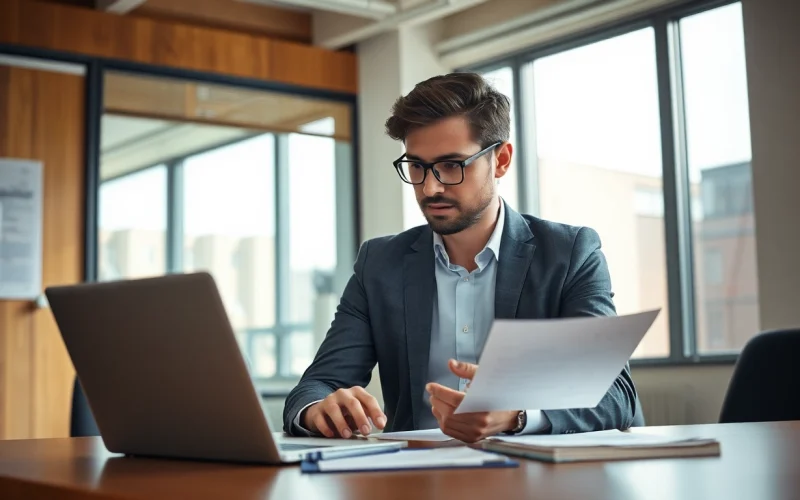 Headhunter, der im modernen Büro talentierte Fachkräfte sucht und Bewerbungen überprüft.