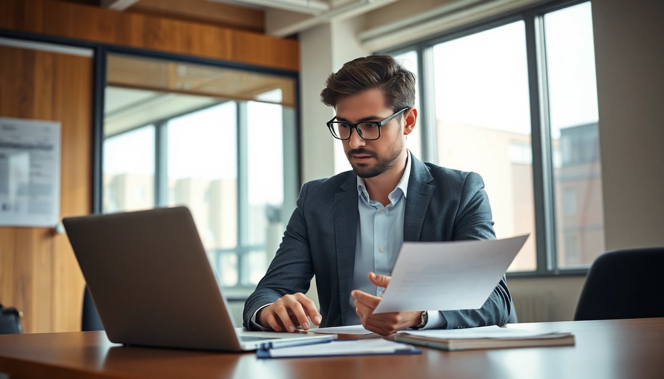 Headhunter, der im modernen Büro talentierte Fachkräfte sucht und Bewerbungen überprüft.