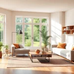 Stylische und ästhetische Raumgestaltung mit modernen Möbeln und Pflanzen im hellen Licht