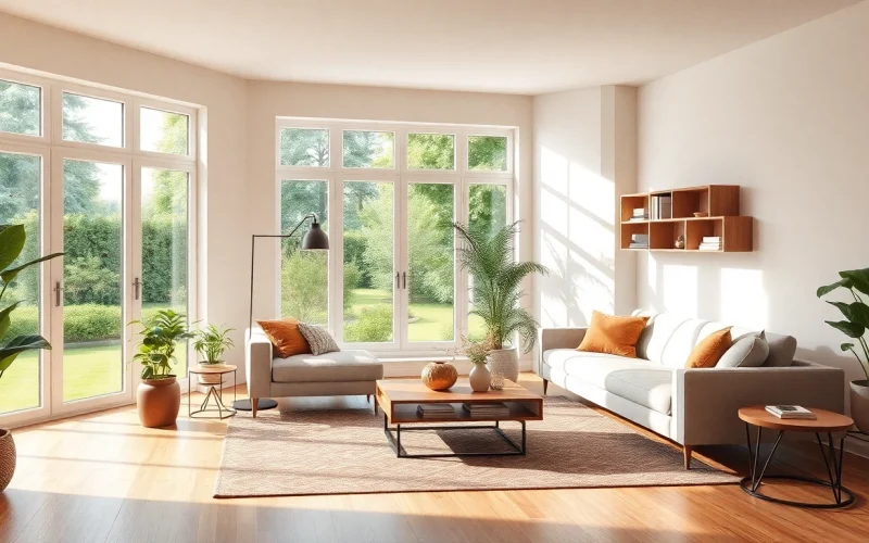 Stylische und ästhetische Raumgestaltung mit modernen Möbeln und Pflanzen im hellen Licht
