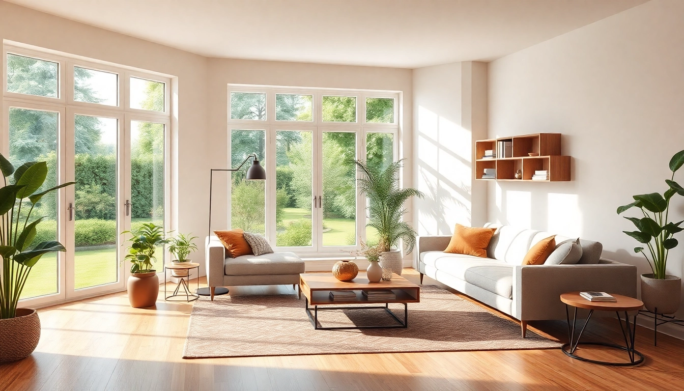 Stylische und ästhetische Raumgestaltung mit modernen Möbeln und Pflanzen im hellen Licht