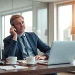 Professioneller Headhunter Frankfurt bei der Arbeit im modernen Büro mit Laptop und Notizen.