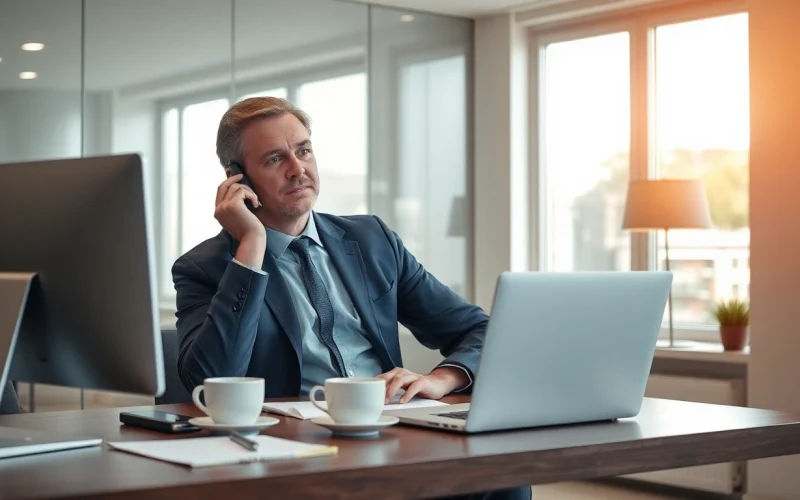 Professioneller Headhunter Frankfurt bei der Arbeit im modernen Büro mit Laptop und Notizen.