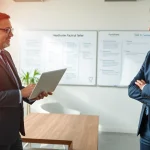 Professioneller Headhunter Ärzte bei einem inspirierenden Meeting mit einem Facharzt und Laptop.