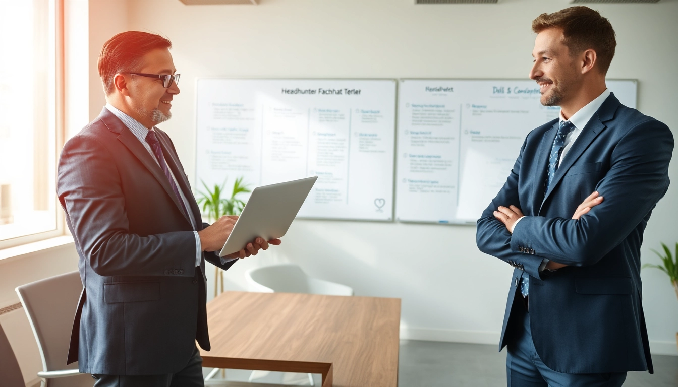 Professioneller Headhunter Ärzte bei einem inspirierenden Meeting mit einem Facharzt und Laptop.