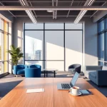 Visualisieren Sie Headhunter Schweiz in einem modernen Bürointerieur mit Schreibtisch und Laptop, das Effizienz ausstrahlt.