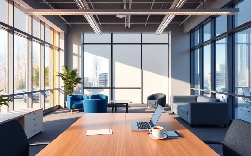 Visualisieren Sie Headhunter Schweiz in einem modernen Bürointerieur mit Schreibtisch und Laptop, das Effizienz ausstrahlt.