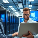 Lade Microsoft Windows Server 2022 Download und entdecke modernste Rechenzentrums-Technologie mit lächelndem Techniker.
