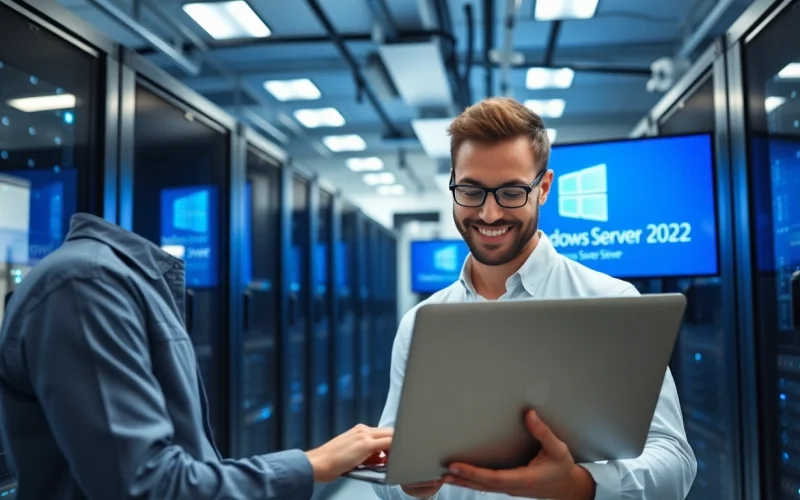 Lade Microsoft Windows Server 2022 Download und entdecke modernste Rechenzentrums-Technologie mit lächelndem Techniker.