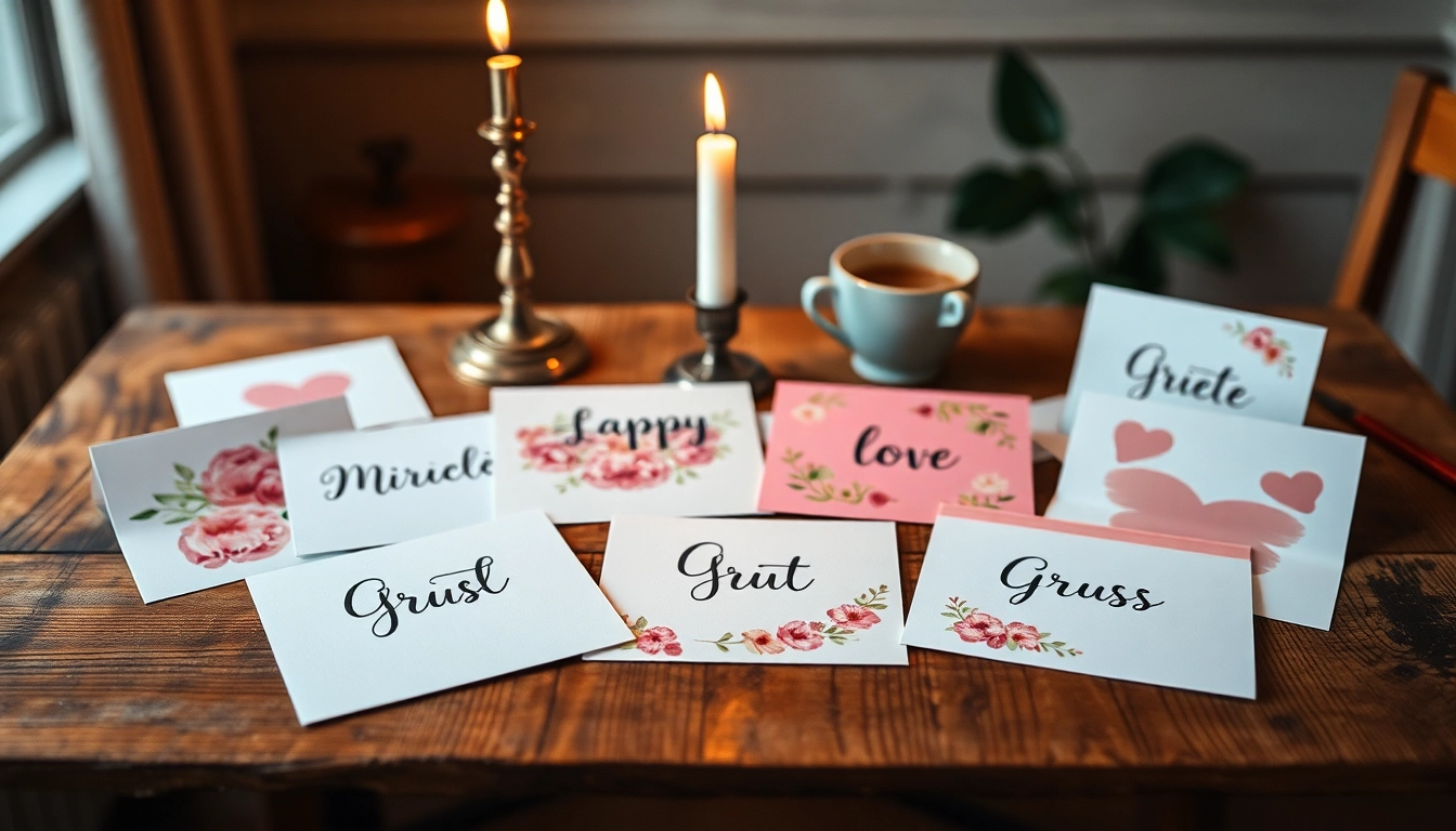 Gestalte kreative Grusskarten auf einem Holztisch mit warmem Licht.