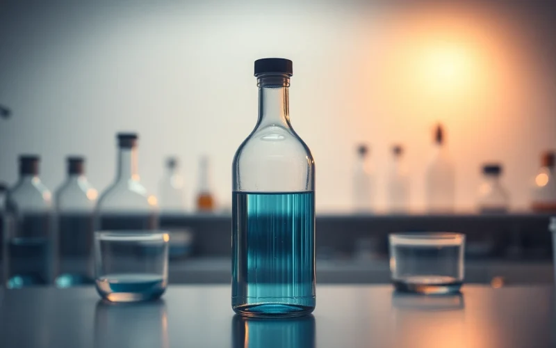 Kaufe hochwertiges kolloidales Silber in einer sauberen Umgebung mit fokussiertem Licht auf der Flasche.