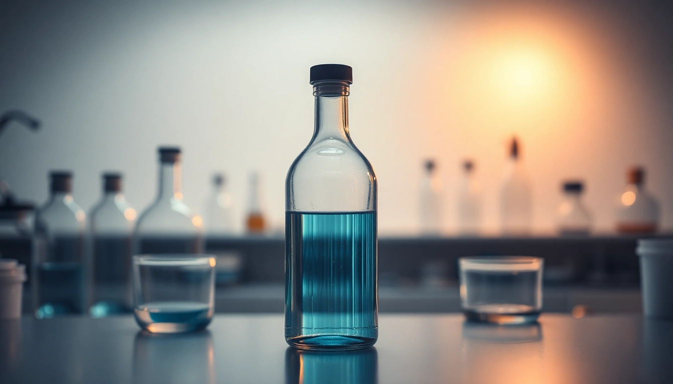 Kaufe hochwertiges kolloidales Silber in einer sauberen Umgebung mit fokussiertem Licht auf der Flasche.