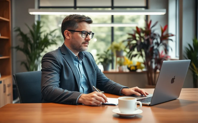 Headhunter IT bei der Arbeit im modernen Büro, professionell und einladend gestaltet.