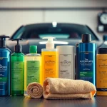 Hochwertige Autopflege Produkte im modernen Garagenumfeld präsentieren.