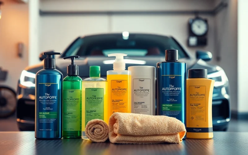 Hochwertige Autopflege Produkte im modernen Garagenumfeld präsentieren.