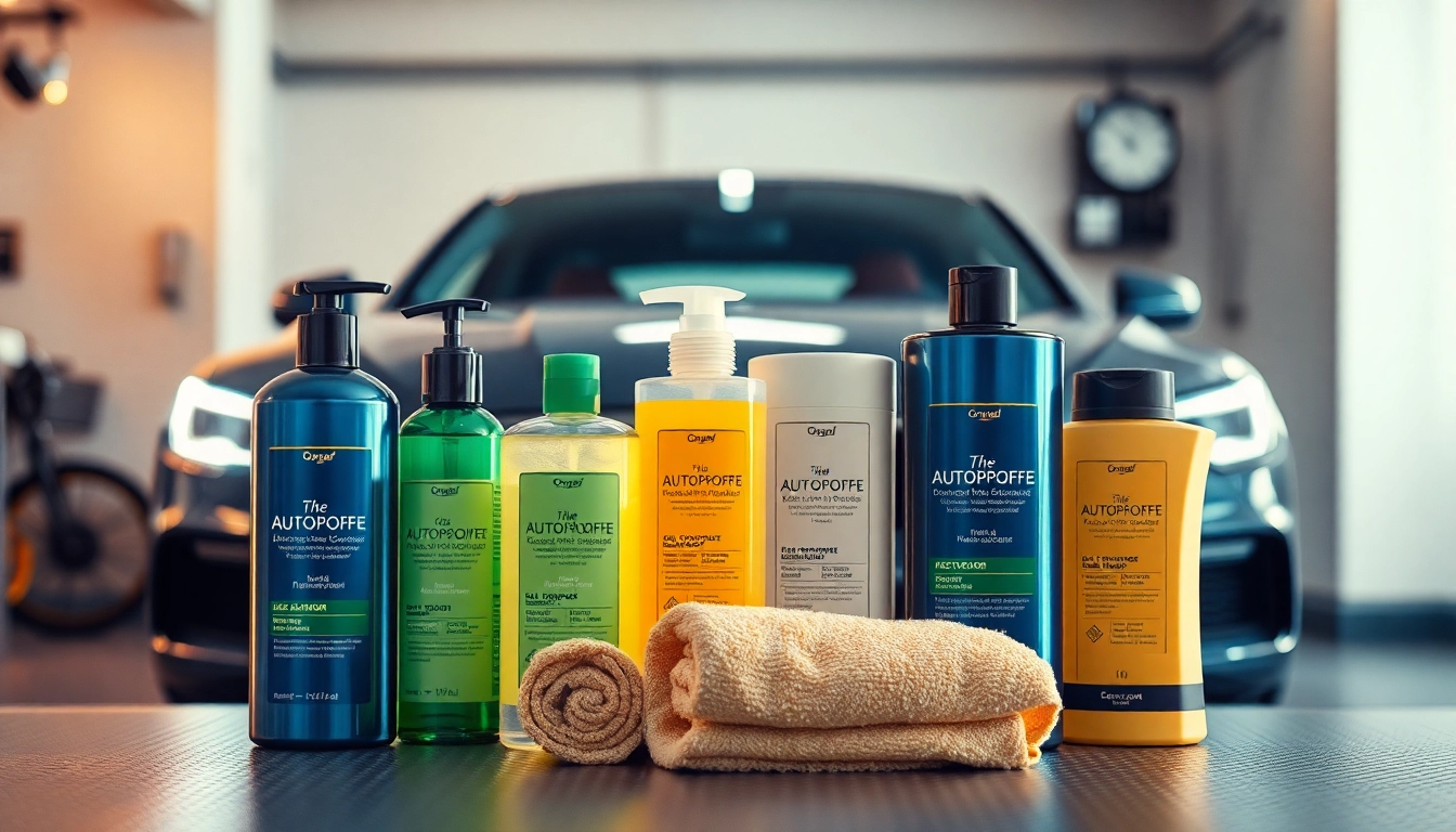 Hochwertige Autopflege Produkte im modernen Garagenumfeld präsentieren.