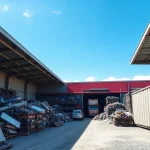 Schrotthandel Düsseldorf: Blick auf eine Schrotthandelsstelle mit Metallschrott und Containern.