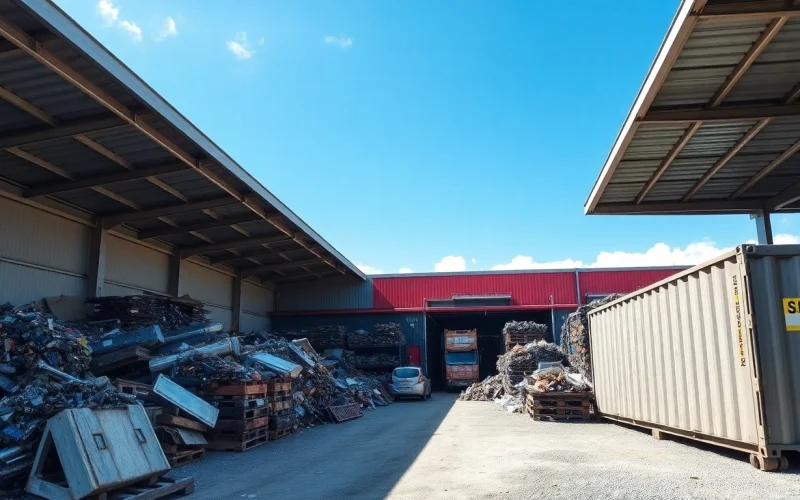 Schrotthandel Düsseldorf: Blick auf eine Schrotthandelsstelle mit Metallschrott und Containern.