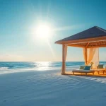 Die Küsten-Cabana bietet einen idyllischen Rückzugsort am Strand mit elegantem Design und entspannenden Annehmlichkeiten.