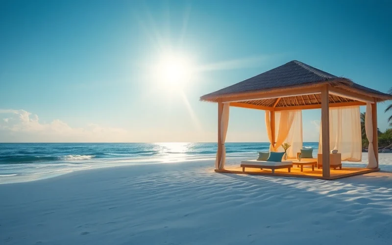 Die Küsten-Cabana bietet einen idyllischen Rückzugsort am Strand mit elegantem Design und entspannenden Annehmlichkeiten.