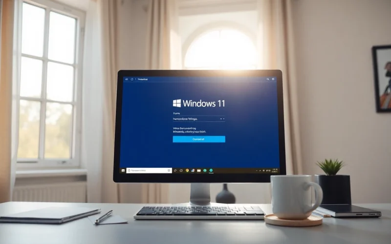 Windows 11 Download kostenlos Deutsch auf einem Computer-Bildschirm, der den Download-Prozess darstellt und eine produktive Arbeitsatmosphäre vermittelt.