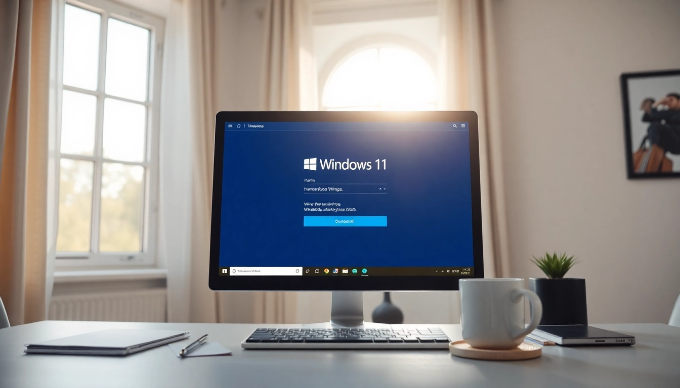 Windows 11 Download kostenlos Deutsch auf einem Computer-Bildschirm, der den Download-Prozess darstellt und eine produktive Arbeitsatmosphäre vermittelt.