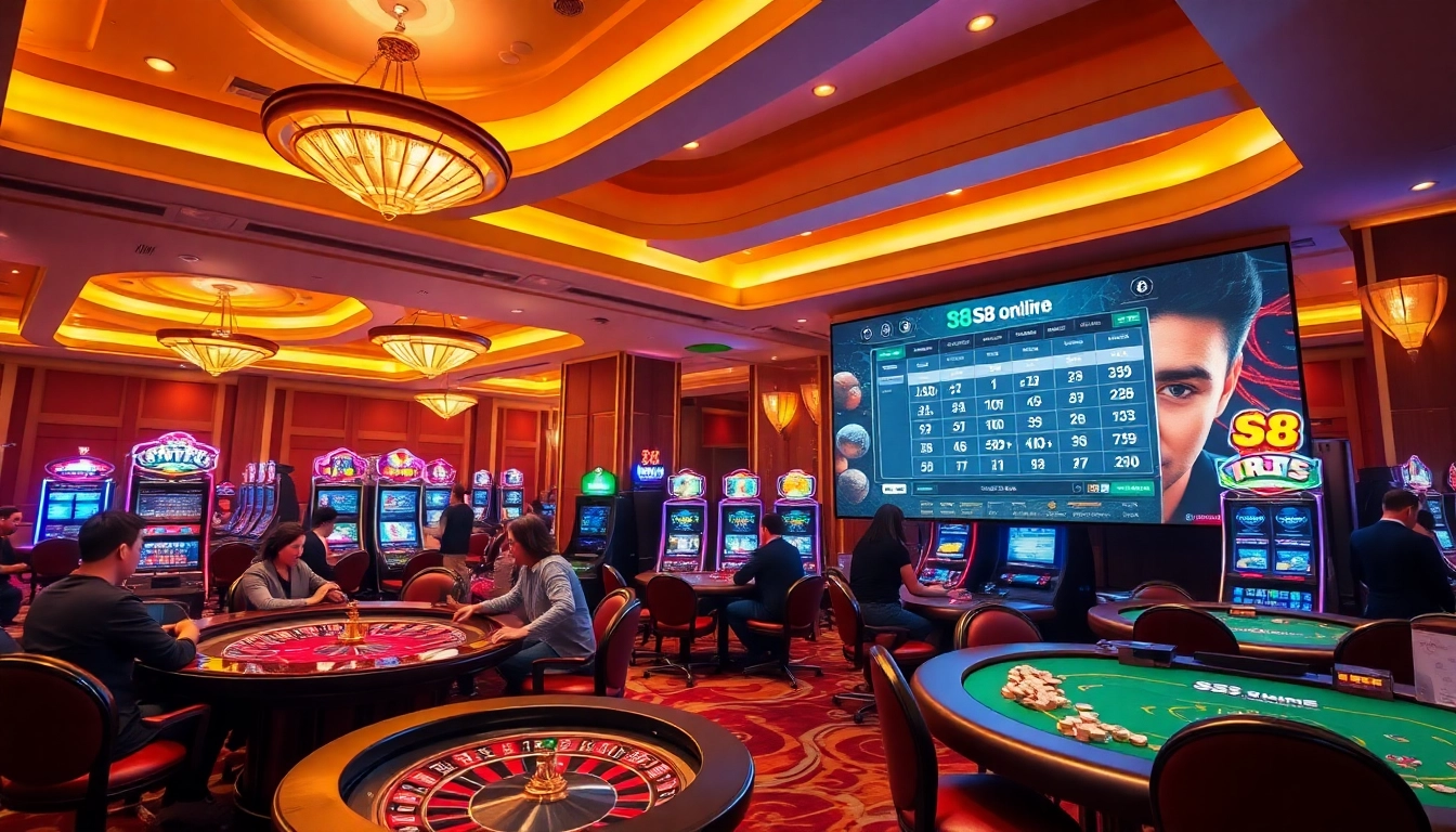 Player engaging in S8 online betting at a casino table surrounded by vibrant gaming action.