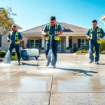 Concrete cleaning service in action, showcasing transformation and professionalism.